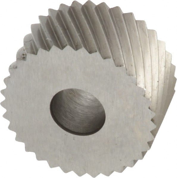 Made in USA - 3/4" Diam, 90° Tooth Angle, 16 TPI, Standard (Shape), Form Type High Speed Steel Left-Hand Diagonal Knurl Wheel - 3/8" Face Width, 1/4" Hole, Circular Pitch, 30° Helix, Bright Finish, Series KP - Exact Tooling