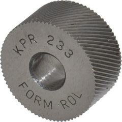 Made in USA - 3/4" Diam, 90° Tooth Angle, 33 TPI, Standard (Shape), Form Type High Speed Steel Right-Hand Diagonal Knurl Wheel - 3/8" Face Width, 1/4" Hole, Circular Pitch, 30° Helix, Bright Finish, Series KP - Exact Tooling