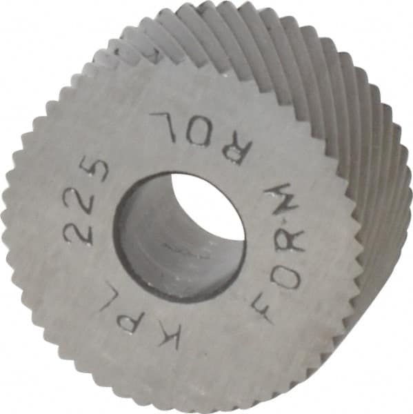 Made in USA - 3/4" Diam, 90° Tooth Angle, 25 TPI, Standard (Shape), Form Type High Speed Steel Left-Hand Diagonal Knurl Wheel - 3/8" Face Width, 1/4" Hole, Circular Pitch, 30° Helix, Bright Finish, Series KP - Exact Tooling