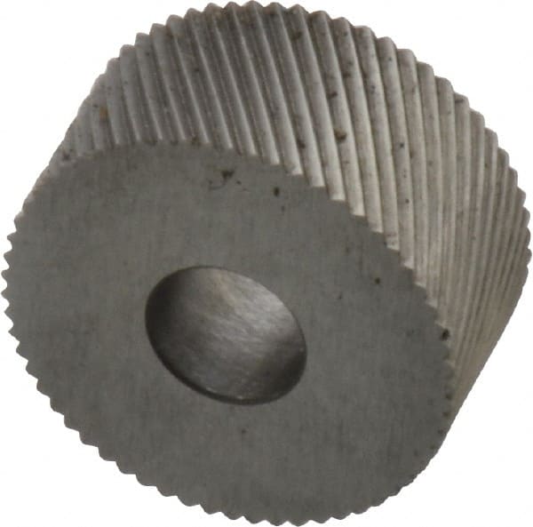Made in USA - 3/4" Diam, 90° Tooth Angle, 30 TPI, Standard (Shape), Form Type High Speed Steel Left-Hand Diagonal Knurl Wheel - 3/8" Face Width, 1/4" Hole, Circular Pitch, 30° Helix, Bright Finish, Series KP - Exact Tooling