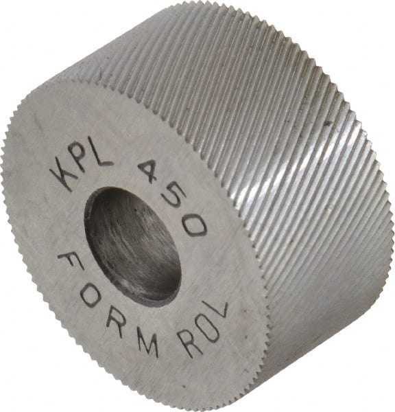 Made in USA - 3/4" Diam, 70° Tooth Angle, 50 TPI, Standard (Shape), Form Type High Speed Steel Left-Hand Diagonal Knurl Wheel - 3/8" Face Width, 1/4" Hole, Circular Pitch, 30° Helix, Bright Finish, Series KP - Exact Tooling