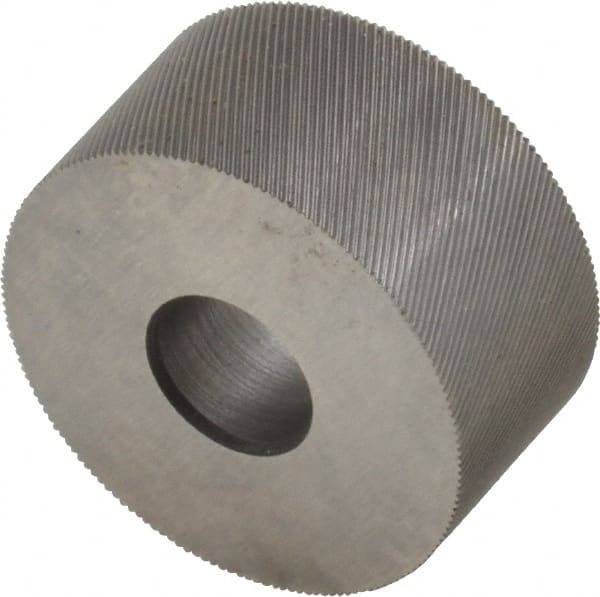 Made in USA - 3/4" Diam, 70° Tooth Angle, 80 TPI, Standard (Shape), Form Type High Speed Steel Left-Hand Diagonal Knurl Wheel - 3/8" Face Width, 1/4" Hole, Circular Pitch, 30° Helix, Bright Finish, Series KP - Exact Tooling