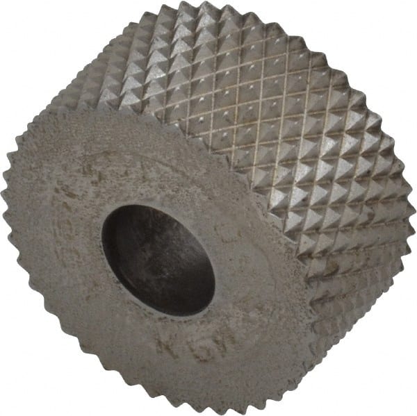 Made in USA - 3/4" Diam, 90° Tooth Angle, 20 TPI, Standard (Shape), Form Type High Speed Steel Male Diamond Knurl Wheel - 3/8" Face Width, 1/4" Hole, Circular Pitch, 30° Helix, Bright Finish, Series KP - Exact Tooling