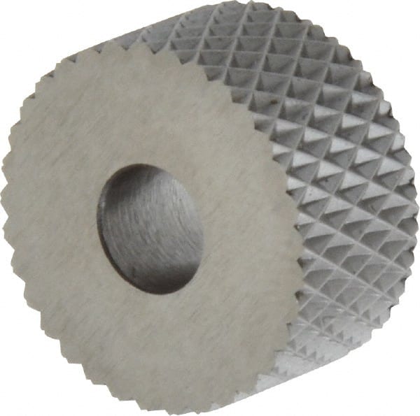 Made in USA - 3/4" Diam, 90° Tooth Angle, 16 TPI, Standard (Shape), Form Type High Speed Steel Female Diamond Knurl Wheel - 3/8" Face Width, 1/4" Hole, Circular Pitch, 30° Helix, Bright Finish, Series KP - Exact Tooling