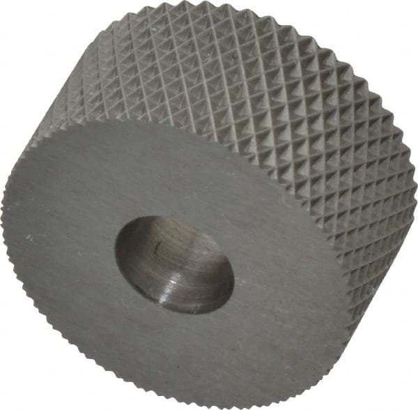 Made in USA - 3/4" Diam, 90° Tooth Angle, 25 TPI, Standard (Shape), Form Type High Speed Steel Female Diamond Knurl Wheel - 3/8" Face Width, 1/4" Hole, Circular Pitch, 30° Helix, Bright Finish, Series KP - Exact Tooling