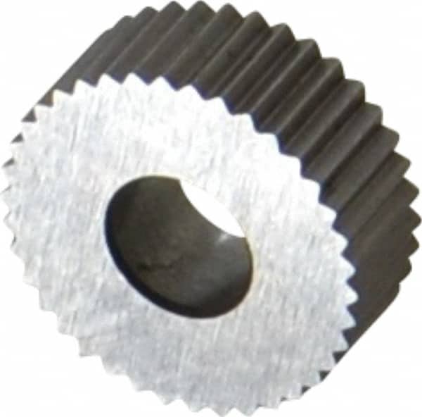Made in USA - 1/2" Diam, 90° Tooth Angle, 25 TPI, Standard (Shape), Form Type Cobalt Straight Knurl Wheel - 3/16" Face Width, 3/16" Hole, Circular Pitch, Bright Finish, Series EP - Exact Tooling