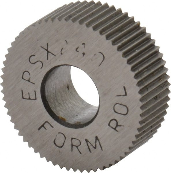 Made in USA - 1/2" Diam, 90° Tooth Angle, 40 TPI, Standard (Shape), Form Type Cobalt Straight Knurl Wheel - 3/16" Face Width, 3/16" Hole, Circular Pitch, Bright Finish, Series EP - Exact Tooling