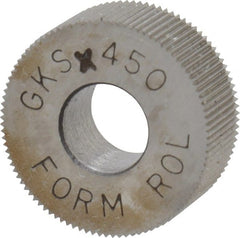 Made in USA - 5/8" Diam, 70° Tooth Angle, 50 TPI, Standard (Shape), Form Type Cobalt Straight Knurl Wheel - 1/4" Face Width, 1/4" Hole, Circular Pitch, Bright Finish, Series GK - Exact Tooling