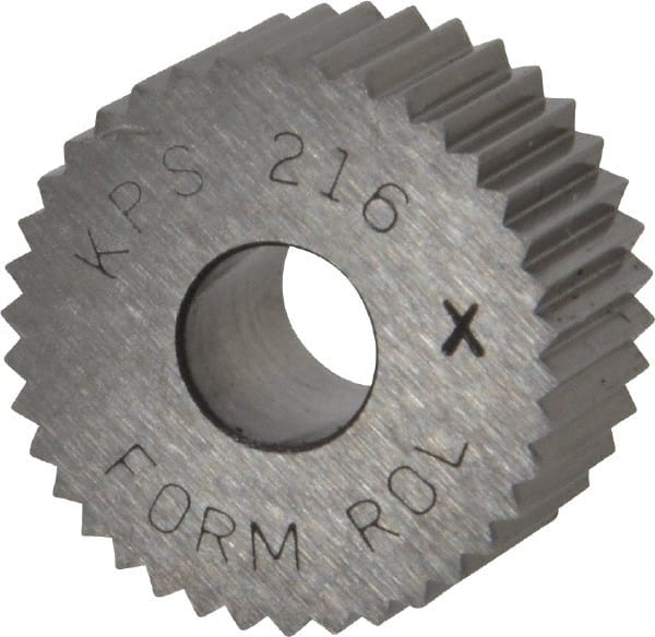 Made in USA - 3/4" Diam, 90° Tooth Angle, 16 TPI, Standard (Shape), Form Type Cobalt Straight Knurl Wheel - 3/8" Face Width, 1/4" Hole, Circular Pitch, Bright Finish, Series KP - Exact Tooling