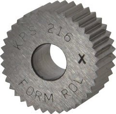 Made in USA - 3/4" Diam, 90° Tooth Angle, 16 TPI, Standard (Shape), Form Type Cobalt Straight Knurl Wheel - 3/8" Face Width, 1/4" Hole, Circular Pitch, Bright Finish, Series KP - Exact Tooling