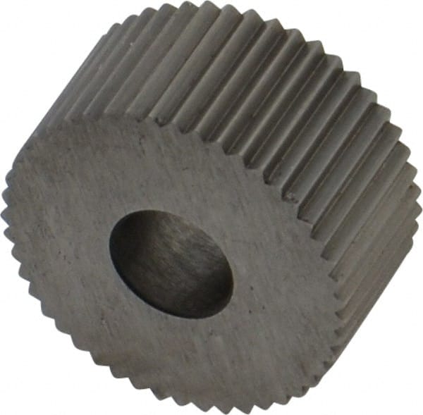 Made in USA - 3/4" Diam, 90° Tooth Angle, 20 TPI, Standard (Shape), Form Type Cobalt Straight Knurl Wheel - 3/8" Face Width, 1/4" Hole, Circular Pitch, Bright Finish, Series KP - Exact Tooling