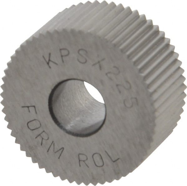 Made in USA - 3/4" Diam, 90° Tooth Angle, 25 TPI, Standard (Shape), Form Type Cobalt Straight Knurl Wheel - 3/8" Face Width, 1/4" Hole, Circular Pitch, Bright Finish, Series KP - Exact Tooling