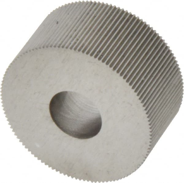 Made in USA - 3/4" Diam, 70° Tooth Angle, 50 TPI, Standard (Shape), Form Type Cobalt Straight Knurl Wheel - 3/8" Face Width, 1/4" Hole, Circular Pitch, Bright Finish, Series KP - Exact Tooling