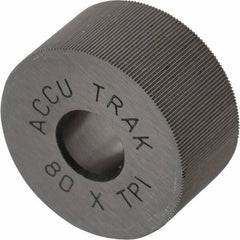 Made in USA - 3/4" Diam, 70° Tooth Angle, 80 TPI, Standard (Shape), Form Type Cobalt Straight Knurl Wheel - 3/8" Face Width, 1/4" Hole, Circular Pitch, Bright Finish, Series KP - Exact Tooling