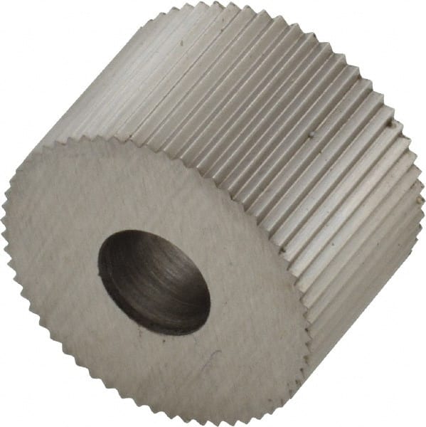 Made in USA - 3/4" Diam, 90° Tooth Angle, 25 TPI, Standard (Shape), Form Type High Speed Steel Straight Knurl Wheel - 1/2" Face Width, 1/4" Hole, Circular Pitch, Bright Finish, Series KR - Exact Tooling