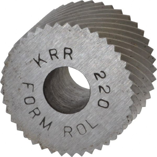 Made in USA - 3/4" Diam, 90° Tooth Angle, 20 TPI, Standard (Shape), Form Type High Speed Steel Right-Hand Diagonal Knurl Wheel - 1/2" Face Width, 1/4" Hole, Circular Pitch, 30° Helix, Bright Finish, Series KR - Exact Tooling