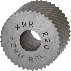 Made in USA - 3/4" Diam, 90° Tooth Angle, 20 TPI, Standard (Shape), Form Type High Speed Steel Right-Hand Diagonal Knurl Wheel - 1/2" Face Width, 1/4" Hole, Circular Pitch, 30° Helix, Bright Finish, Series KR - Exact Tooling