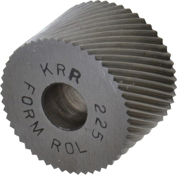 Made in USA - 3/4" Diam, 90° Tooth Angle, 25 TPI, Standard (Shape), Form Type High Speed Steel Right-Hand Diagonal Knurl Wheel - 1/2" Face Width, 1/4" Hole, Circular Pitch, 30° Helix, Bright Finish, Series KR - Exact Tooling