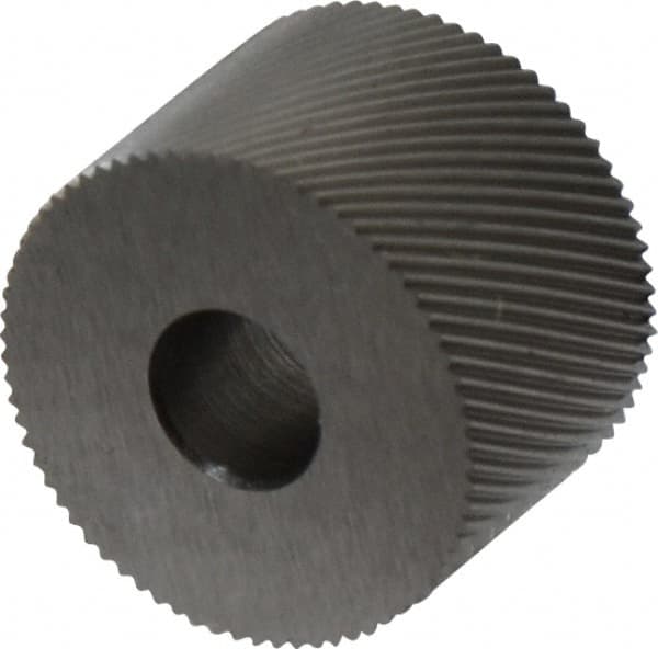 Made in USA - 3/4" Diam, 80° Tooth Angle, Standard (Shape), Form Type High Speed Steel Right-Hand Diagonal Knurl Wheel - 1/2" Face Width, 1/4" Hole, 96 Diametral Pitch, 30° Helix, Bright Finish, Series KR - Exact Tooling