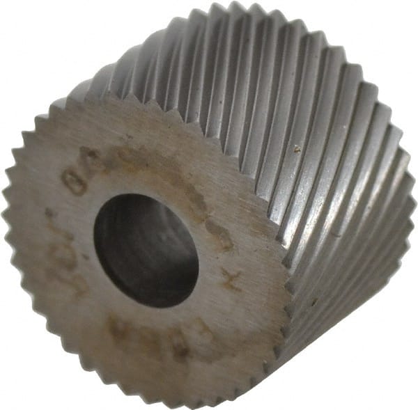 Made in USA - 3/4" Diam, 90° Tooth Angle, 20 TPI, Standard (Shape), Form Type High Speed Steel Left-Hand Diagonal Knurl Wheel - 1/2" Face Width, 1/4" Hole, Circular Pitch, 30° Helix, Bright Finish, Series KR - Exact Tooling