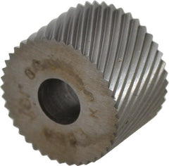 Made in USA - 3/4" Diam, 90° Tooth Angle, 20 TPI, Standard (Shape), Form Type High Speed Steel Left-Hand Diagonal Knurl Wheel - 1/2" Face Width, 1/4" Hole, Circular Pitch, 30° Helix, Bright Finish, Series KR - Exact Tooling