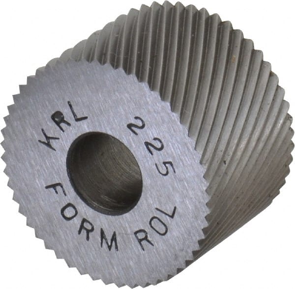 Made in USA - 3/4" Diam, 90° Tooth Angle, 25 TPI, Standard (Shape), Form Type High Speed Steel Left-Hand Diagonal Knurl Wheel - 1/2" Face Width, 1/4" Hole, Circular Pitch, 30° Helix, Bright Finish, Series KR - Exact Tooling