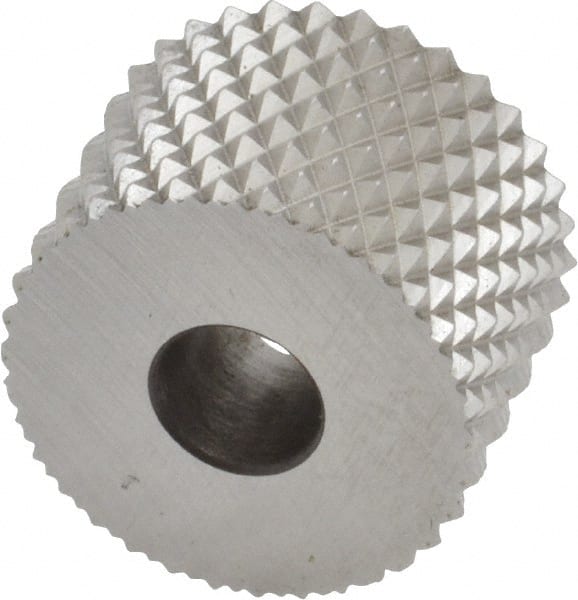 Made in USA - 3/4" Diam, 90° Tooth Angle, 16 TPI, Standard (Shape), Form Type High Speed Steel Male Diamond Knurl Wheel - 1/2" Face Width, 1/4" Hole, Circular Pitch, 30° Helix, Bright Finish, Series KR - Exact Tooling