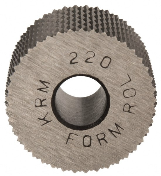 Made in USA - 3/4" Diam, 90° Tooth Angle, 20 TPI, Standard (Shape), Form Type High Speed Steel Male Diamond Knurl Wheel - 1/2" Face Width, 1/4" Hole, Circular Pitch, 30° Helix, Bright Finish, Series KR - Exact Tooling