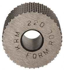 Made in USA - 3/4" Diam, 90° Tooth Angle, 20 TPI, Standard (Shape), Form Type High Speed Steel Male Diamond Knurl Wheel - 1/2" Face Width, 1/4" Hole, Circular Pitch, 30° Helix, Bright Finish, Series KR - Exact Tooling