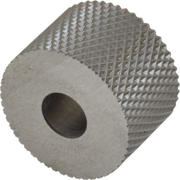 Made in USA - 3/4" Diam, 90° Tooth Angle, 25 TPI, Standard (Shape), Form Type High Speed Steel Female Diamond Knurl Wheel - 1/2" Face Width, 1/4" Hole, Circular Pitch, 30° Helix, Bright Finish, Series KR - Exact Tooling
