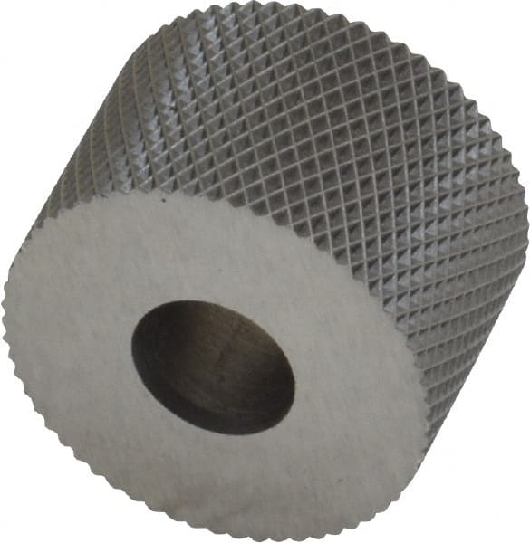 Made in USA - 3/4" Diam, 90° Tooth Angle, 30 TPI, Standard (Shape), Form Type High Speed Steel Female Diamond Knurl Wheel - 1/2" Face Width, 1/4" Hole, Circular Pitch, 30° Helix, Bright Finish, Series KR - Exact Tooling