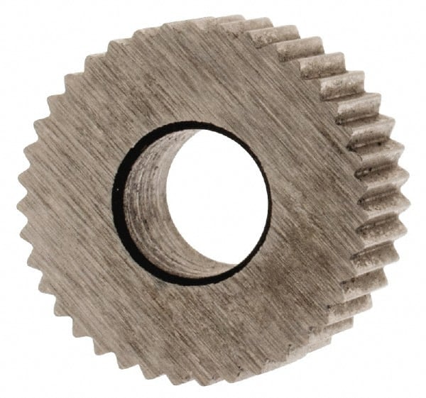Made in USA - 5/16" Diam, 90° Tooth Angle, 40 TPI, Standard (Shape), Form Type High Speed Steel Straight Knurl Wheel - 5/32" Face Width, 1/8" Hole, Circular Pitch, Bright Finish, Series BP - Exact Tooling