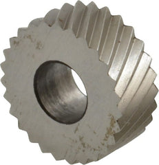 Made in USA - 5/8" Diam, 90° Tooth Angle, 16 TPI, Standard (Shape), Form Type High Speed Steel Left-Hand Diagonal Knurl Wheel - 1/4" Face Width, 1/4" Hole, Circular Pitch, 30° Helix, Bright Finish, Series GK - Exact Tooling