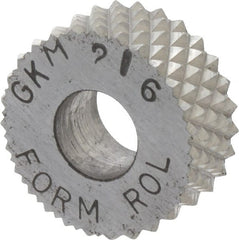 Made in USA - 5/8" Diam, 90° Tooth Angle, 16 TPI, Standard (Shape), Form Type High Speed Steel Male Diamond Knurl Wheel - 1/4" Face Width, 1/4" Hole, Circular Pitch, 30° Helix, Bright Finish, Series GK - Exact Tooling