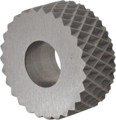 Made in USA - 5/8" Diam, 90° Tooth Angle, 16 TPI, Standard (Shape), Form Type High Speed Steel Female Diamond Knurl Wheel - 1/4" Face Width, 1/4" Hole, Circular Pitch, 30° Helix, Bright Finish, Series GK - Exact Tooling