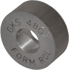 Made in USA - 5/8" Diam, 70° Tooth Angle, 80 TPI, Standard (Shape), Form Type High Speed Steel Straight Knurl Wheel - 1/4" Face Width, 1/4" Hole, Circular Pitch, Bright Finish, Series GK - Exact Tooling