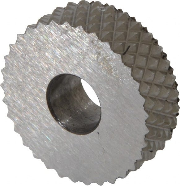 Made in USA - 3/4" Diam, 90° Tooth Angle, 16 TPI, Standard (Shape), Form Type High Speed Steel Male Diamond Knurl Wheel - 1/4" Face Width, 1/4" Hole, Circular Pitch, 30° Helix, Bright Finish, Series KN - Exact Tooling
