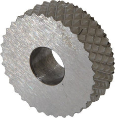 Made in USA - 3/4" Diam, 90° Tooth Angle, 16 TPI, Standard (Shape), Form Type High Speed Steel Male Diamond Knurl Wheel - 1/4" Face Width, 1/4" Hole, Circular Pitch, 30° Helix, Bright Finish, Series KN - Exact Tooling