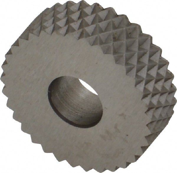 Made in USA - 3/4" Diam, 90° Tooth Angle, 16 TPI, Standard (Shape), Form Type High Speed Steel Female Diamond Knurl Wheel - 1/4" Face Width, 1/4" Hole, Circular Pitch, 30° Helix, Bright Finish, Series KN - Exact Tooling