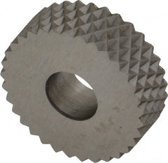 Made in USA - 3/4" Diam, 90° Tooth Angle, 16 TPI, Standard (Shape), Form Type High Speed Steel Female Diamond Knurl Wheel - 1/4" Face Width, 1/4" Hole, Circular Pitch, 30° Helix, Bright Finish, Series KN - Exact Tooling