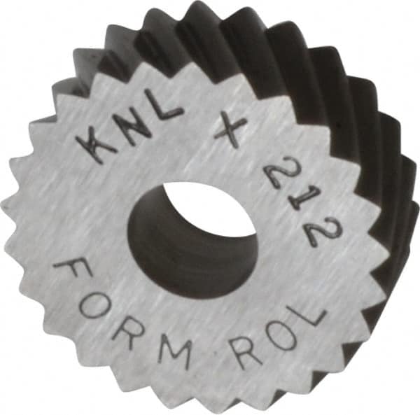 Made in USA - 3/4" Diam, 90° Tooth Angle, 12 TPI, Standard (Shape), Form Type Cobalt Left-Hand Diagonal Knurl Wheel - 1/4" Face Width, 1/4" Hole, Circular Pitch, 30° Helix, Bright Finish, Series KN - Exact Tooling