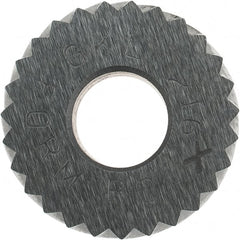 Made in USA - 5/8" Diam, 90° Tooth Angle, 16 TPI, Standard (Shape), Form Type Cobalt Left-Hand Diagonal Knurl Wheel - 1/4" Face Width, 1/4" Hole, Circular Pitch, 30° Helix, Bright Finish, Series GK - Exact Tooling