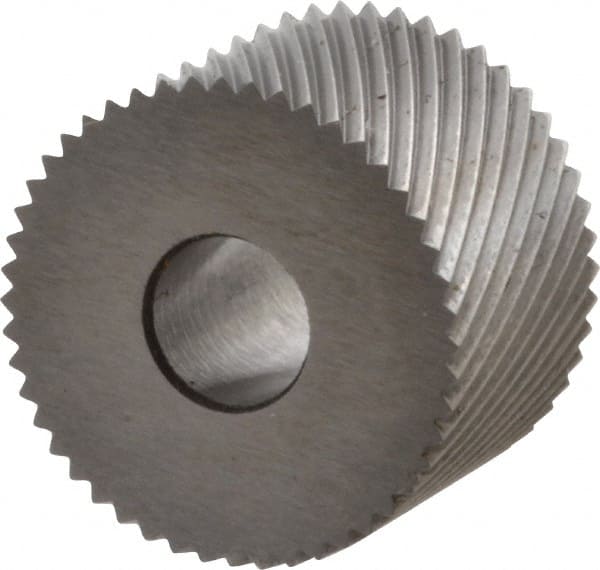 Made in USA - 3/4" Diam, 80° Tooth Angle, Standard (Shape), Form Type High Speed Steel Left-Hand Diagonal Knurl Wheel - 1/2" Face Width, 1/4" Hole, 64 Diametral Pitch, 30° Helix, Bright Finish, Series KR - Exact Tooling