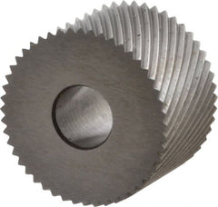 Made in USA - 3/4" Diam, 80° Tooth Angle, Standard (Shape), Form Type High Speed Steel Left-Hand Diagonal Knurl Wheel - 1/2" Face Width, 1/4" Hole, 64 Diametral Pitch, 30° Helix, Bright Finish, Series KR - Exact Tooling