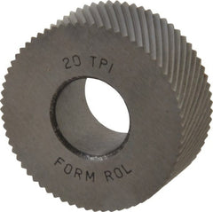 Made in USA - 1-1/4" Diam, 90° Tooth Angle, 20 TPI, Standard (Shape), Form Type High Speed Steel Left-Hand Diagonal Knurl Wheel - 1/2" Face Width, 1/2" Hole, Circular Pitch, 30° Helix, Bright Finish, Series PH - Exact Tooling
