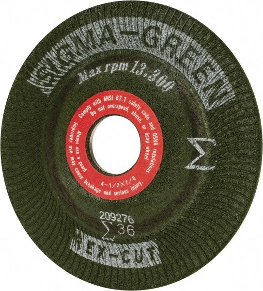 Rex Cut Product - 36 Grit, 4-1/2" Wheel Diam, 7/8" Arbor Hole, Type 27 Depressed Center Wheel - Ceramic, 13,300 Max RPM, Compatible with Angle Grinder - Exact Tooling