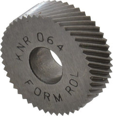 Made in USA - 3/4" Diam, 80° Tooth Angle, Standard (Shape), Form Type High Speed Steel Right-Hand Diagonal Knurl Wheel - 1/4" Face Width, 1/4" Hole, 64 Diametral Pitch, 30° Helix, Bright Finish, Series KN - Exact Tooling