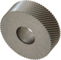 Made in USA - 3/4" Diam, 80° Tooth Angle, Standard (Shape), Form Type High Speed Steel Right-Hand Diagonal Knurl Wheel - 1/4" Face Width, 1/4" Hole, 96 Diametral Pitch, 30° Helix, Bright Finish, Series KN - Exact Tooling