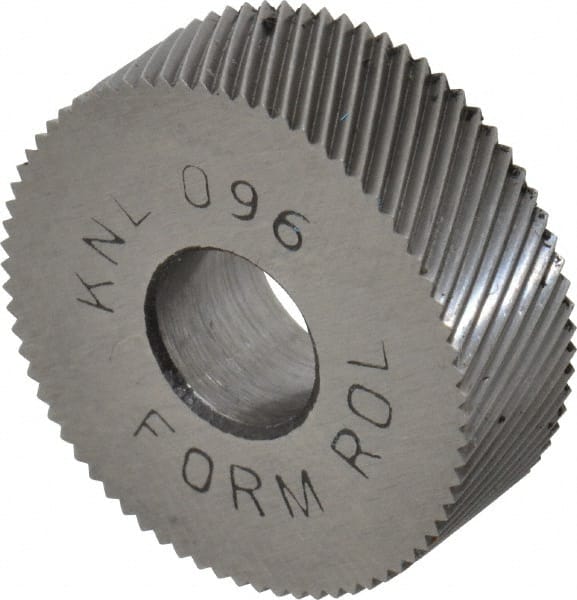Made in USA - 3/4" Diam, 80° Tooth Angle, Standard (Shape), Form Type High Speed Steel Left-Hand Diagonal Knurl Wheel - 1/4" Face Width, 1/4" Hole, 96 Diametral Pitch, 30° Helix, Bright Finish, Series KN - Exact Tooling