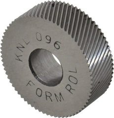Made in USA - 3/4" Diam, 80° Tooth Angle, Standard (Shape), Form Type High Speed Steel Left-Hand Diagonal Knurl Wheel - 1/4" Face Width, 1/4" Hole, 96 Diametral Pitch, 30° Helix, Bright Finish, Series KN - Exact Tooling